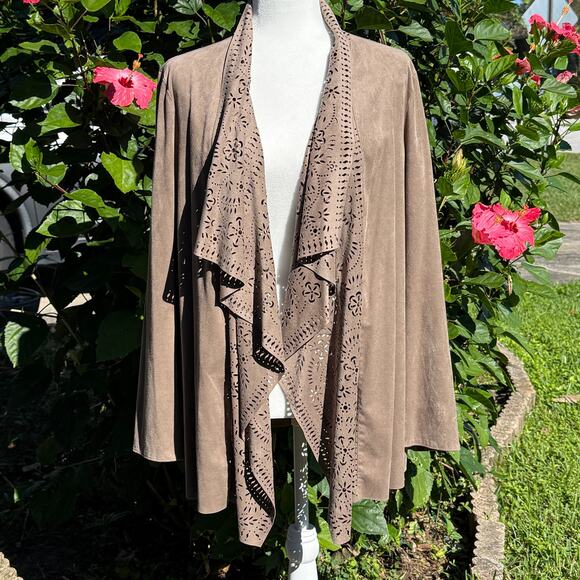 Coldwater Creek 1X Taupe Laser Cut Faux Suede Waterfall Cardigan Sweater Jacket - Picture 2 of 10